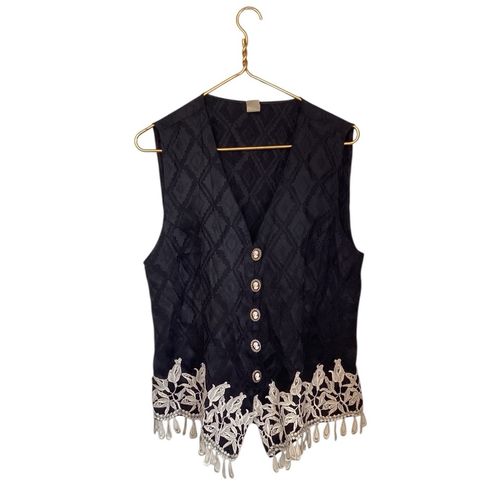 Vtg 90s Black Cameo Portrait Button Victorian Statement Vest Lace Detail L